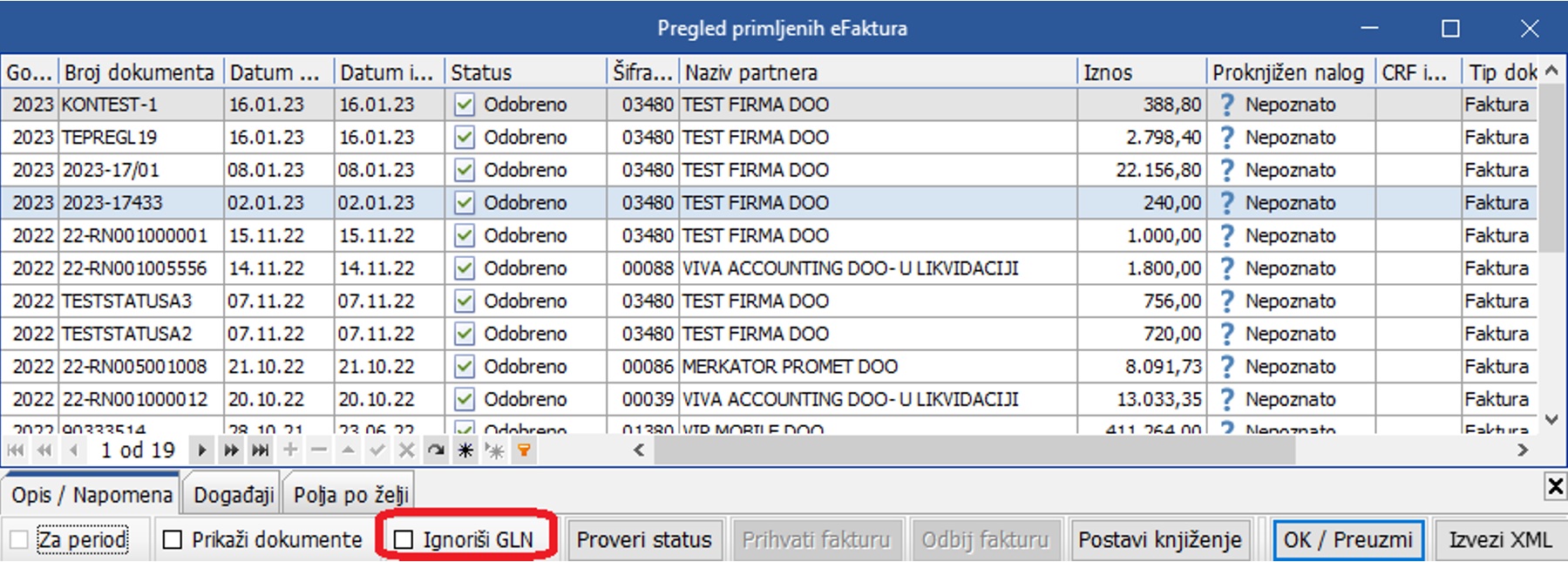 Ignoriši GLN - Opcija za prikaz svih primljenih faktura