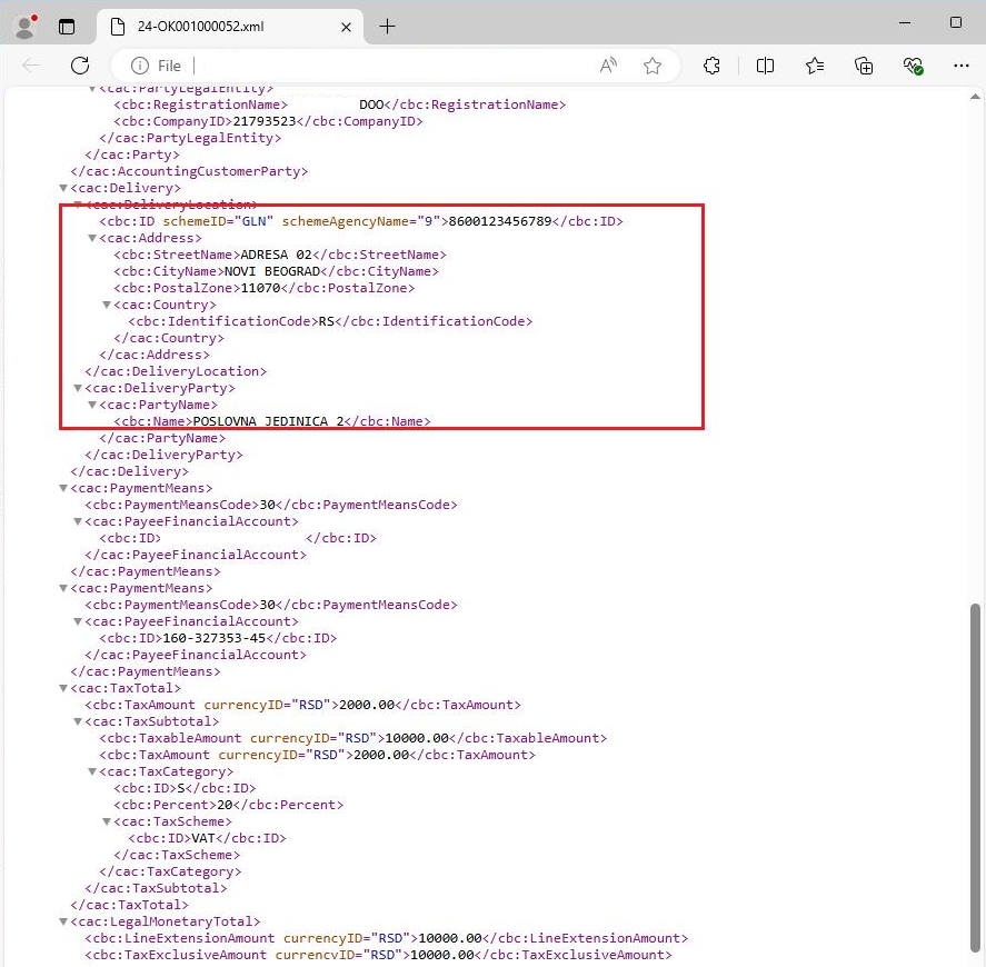 Finansijska knjižna odobrenja zaduženja kupca - Poslovna jedinica i GLN broj - XML struktura fajla