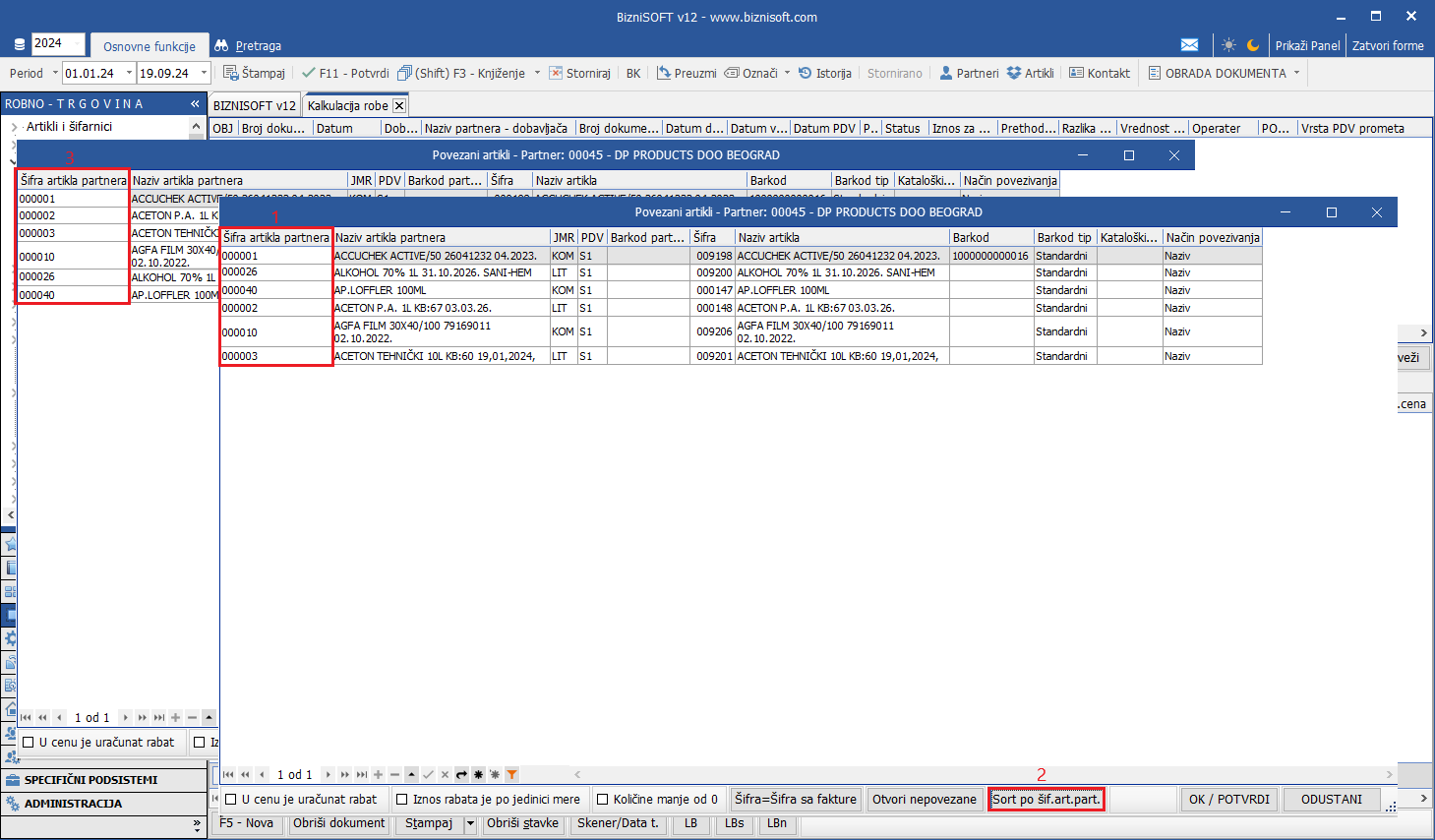 Formiranje kalkulacije na osnovu primljene eFakture - Redosled po šifri dobavljača