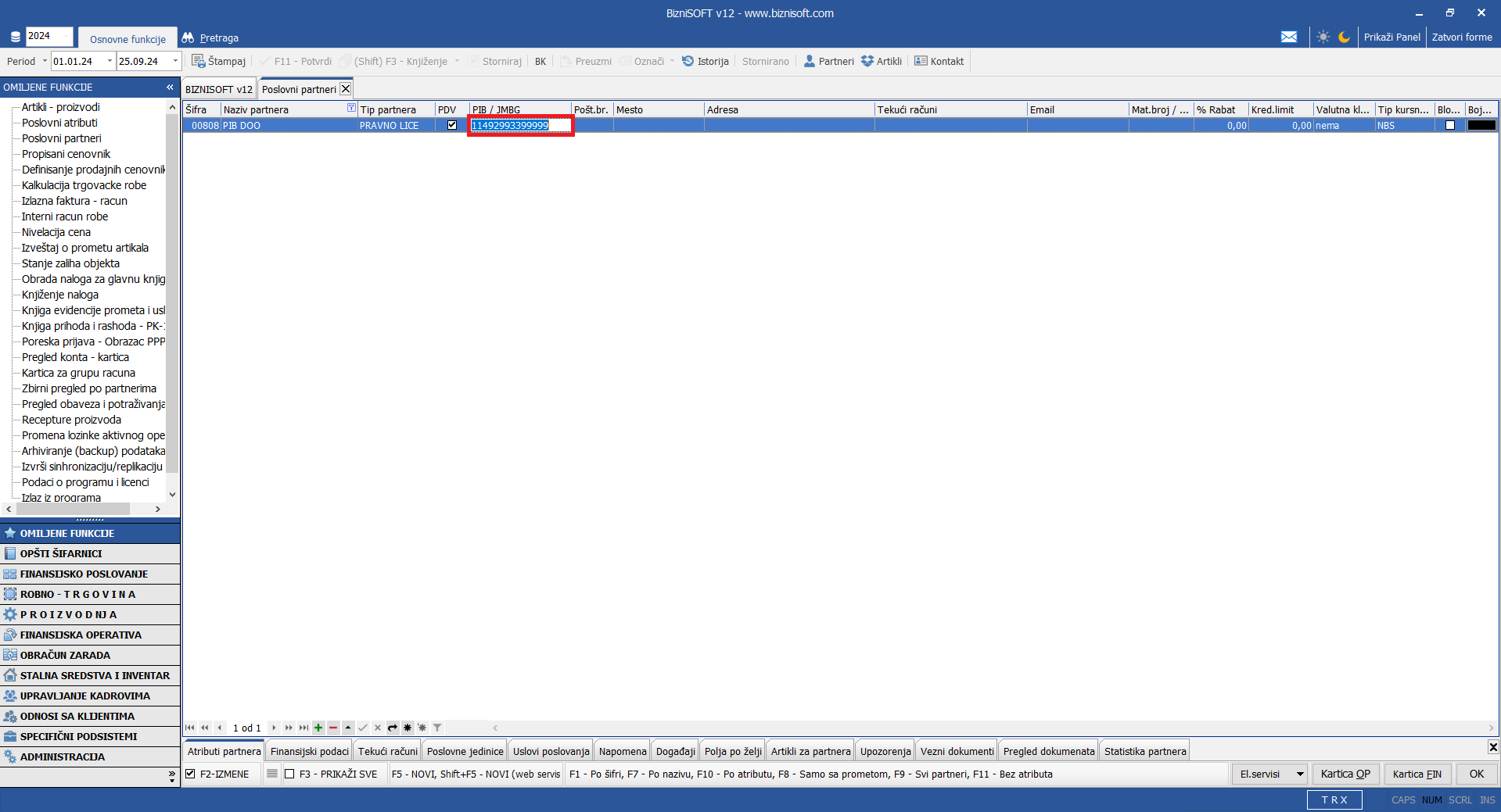 Efekat aktivacije parametra 11038 - Onemogući proveru PIB-a u šifarniku poslovnih partnera