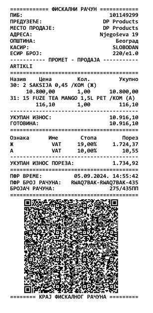 Fiskalni račun za promet nad dobjektima u slučaju kada je poreski dužnik isporučilac dobara po opštoj i po posebnoj stopi
