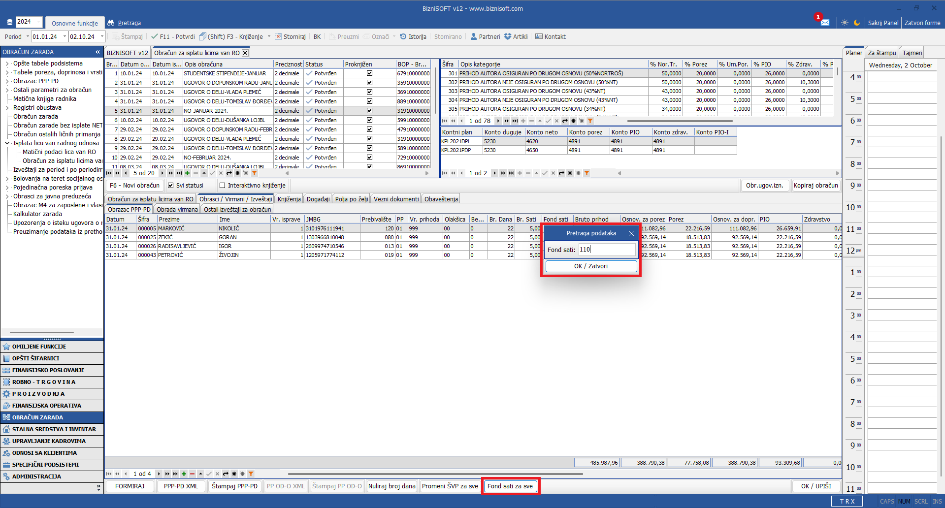Obračun za isplatu licima van radnog odnosa - Fond sati za sve